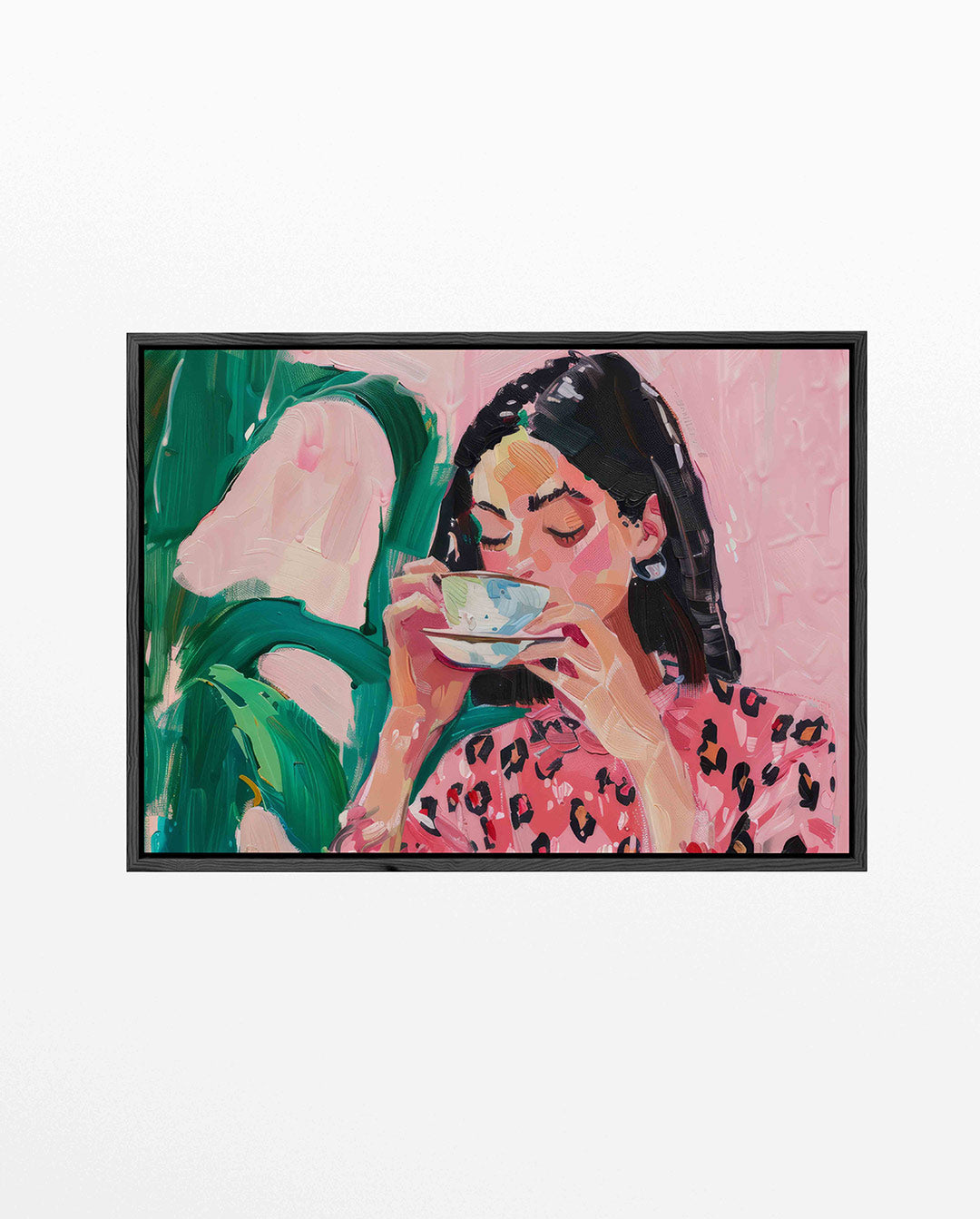 Vrouw met koffiekop – Portret kunstwerk – liggend portret kunstwerk