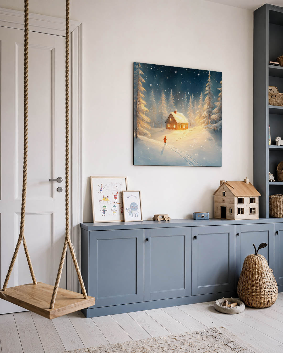 Winterse avond kunstwerk – vierkante wanddecoratie – een sfeervol winterlandschap met een verlicht huisje omringd door