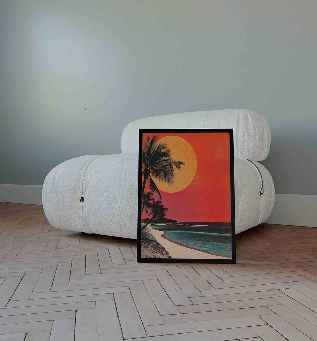 Palmboom en zonsondergang – surrealistische wandkunst als portret poster