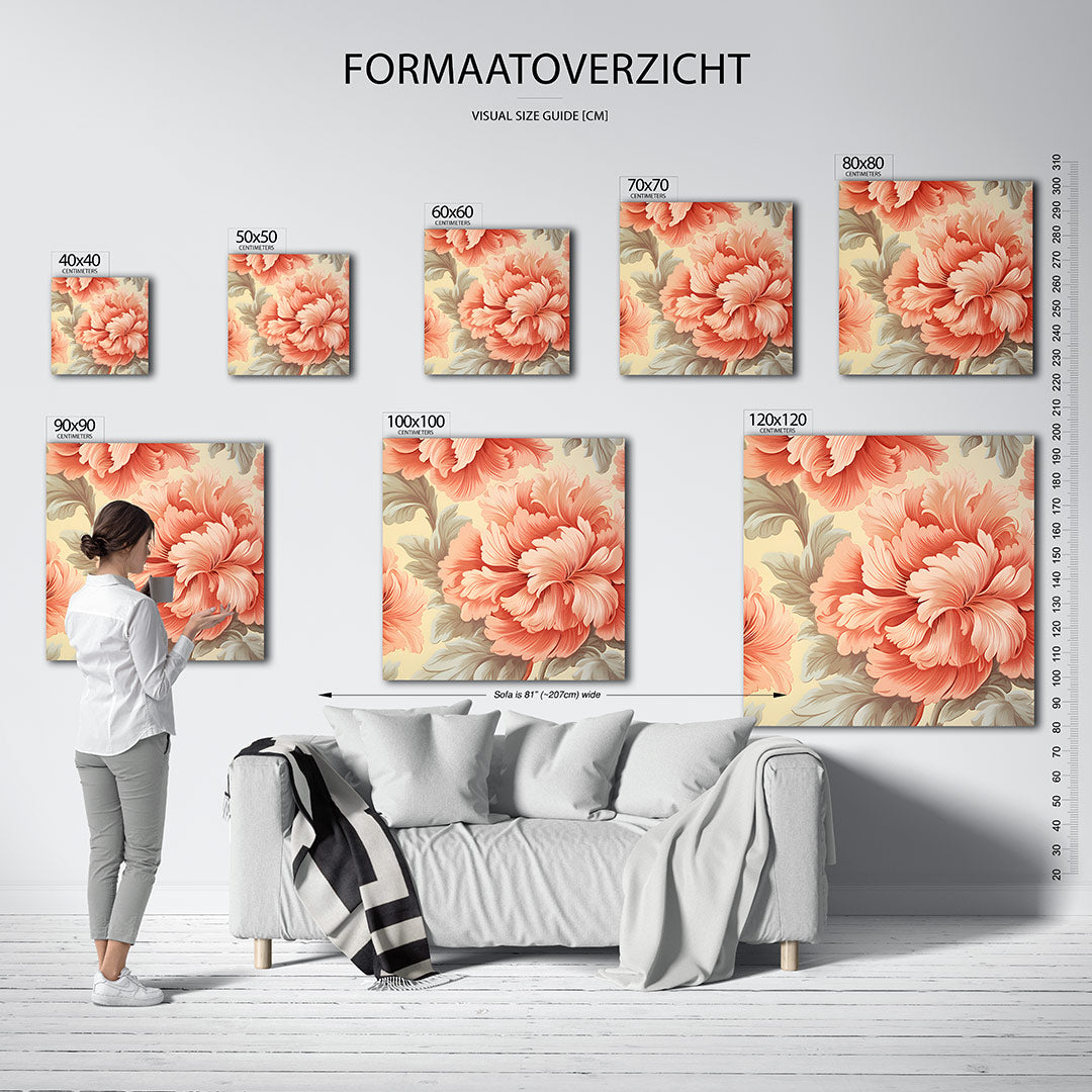 Bloemrijke compositie kunstwerk – sfeerbeeld – dit kunstwerk toont grote, gedetailleerde bloemen in warme tinten, omlijst