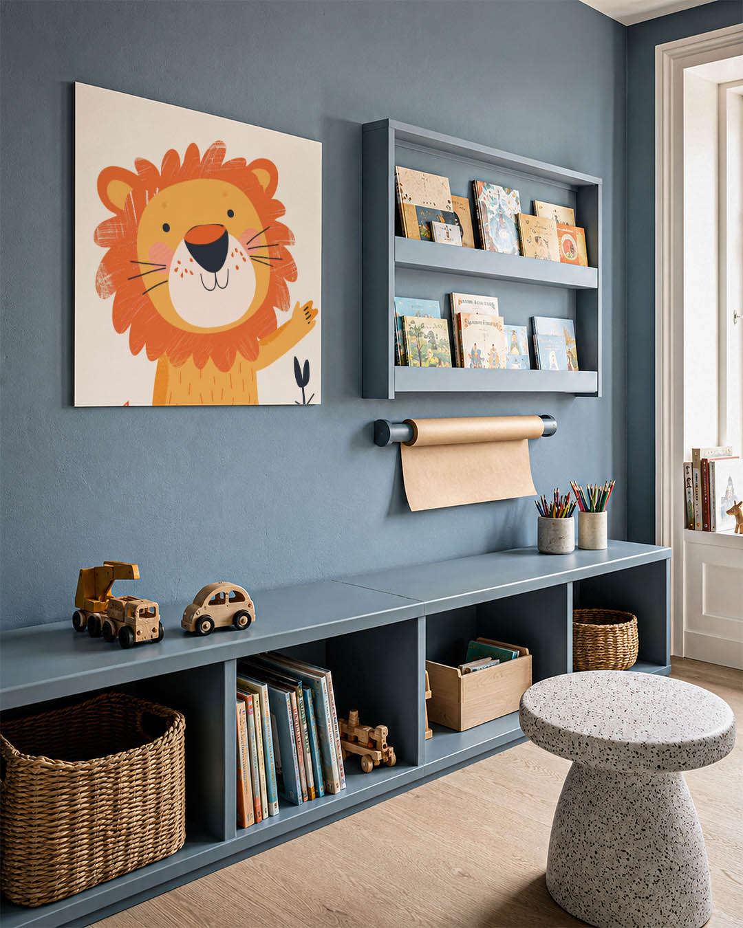 Vrolijke leeuw illustratie kunstwerk – detailweergave – dit werk toont een vrolijke leeuw met een speelse uitstraling. De