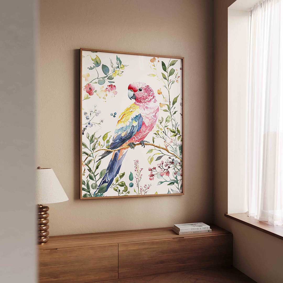 Papegaai en bloemen – tropische wandkunst als portret poster