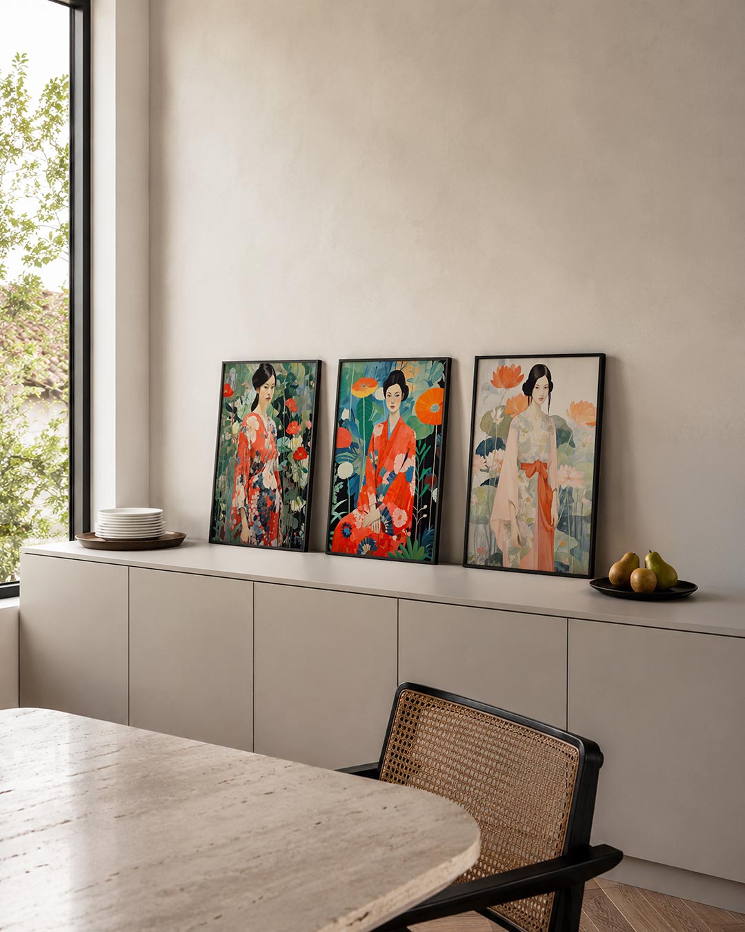 Bloemen en kimono posterset – detailweergave – een vrouw in een kleurrijke kimono omringd door levendige
