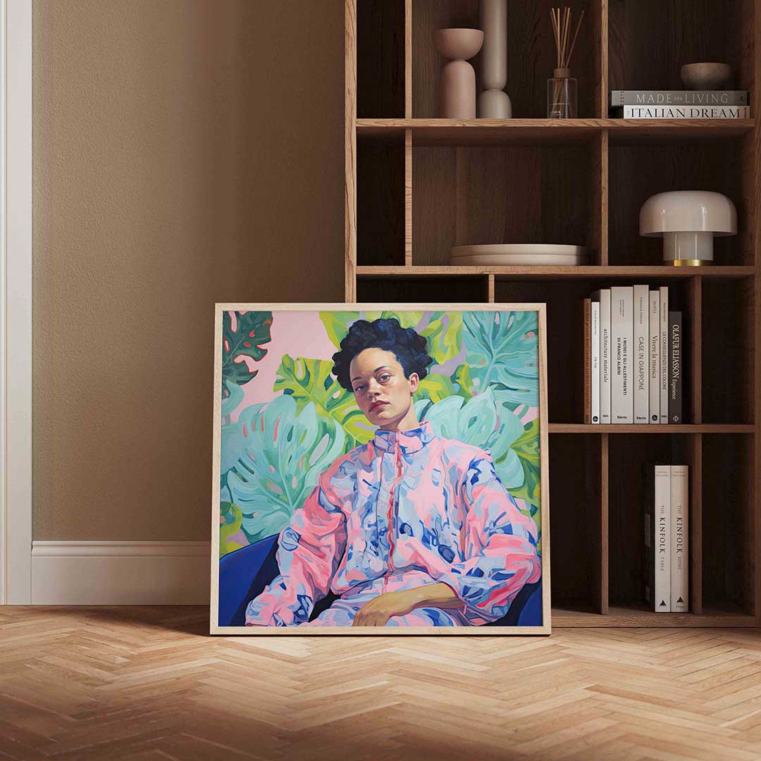 Portret met bladeren – kleurrijke vierkante wanddecoratie van WallArtistic