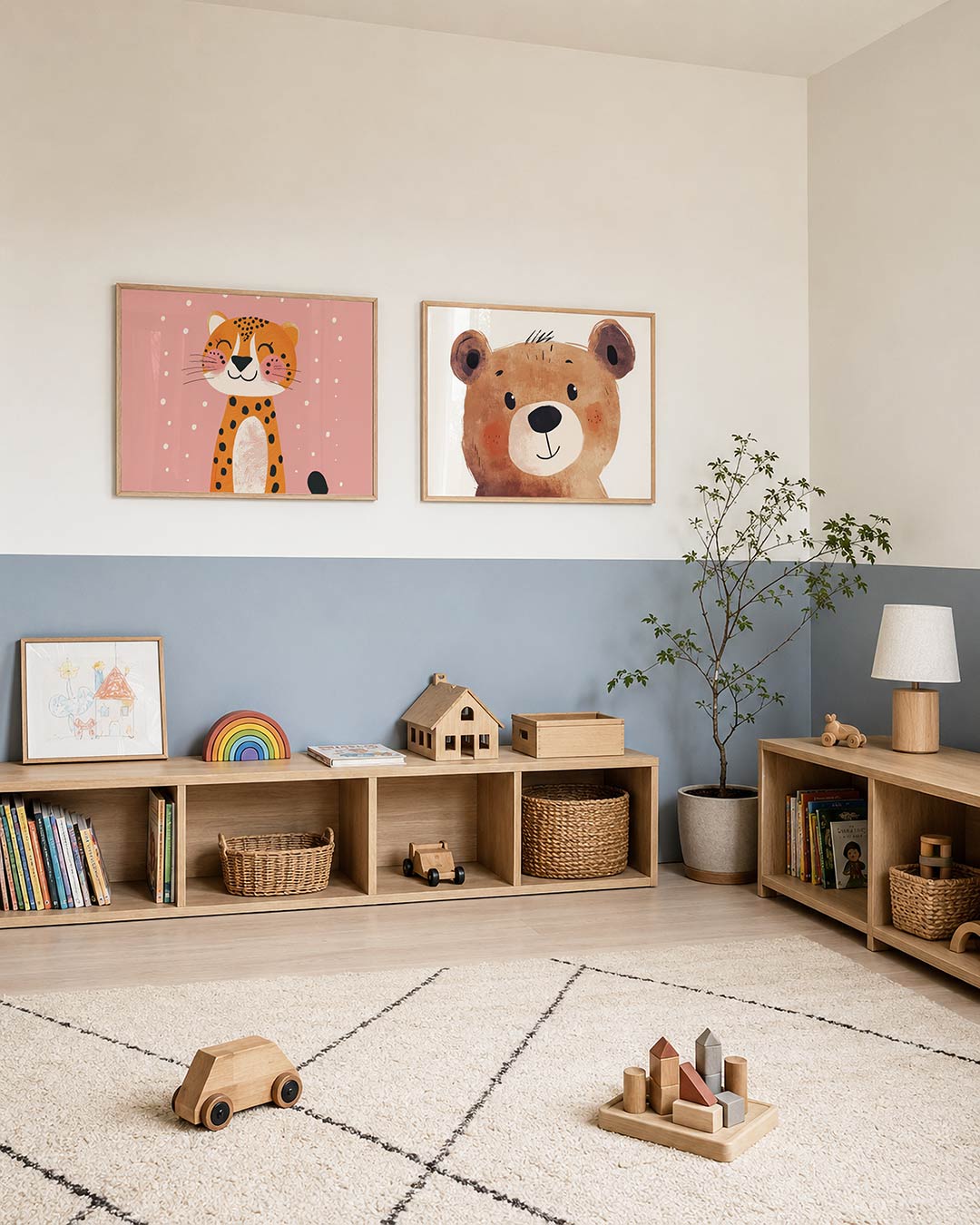 Twee liggende posters met een schattige luipaard met een lachend gezicht, aan de muur in een interieur