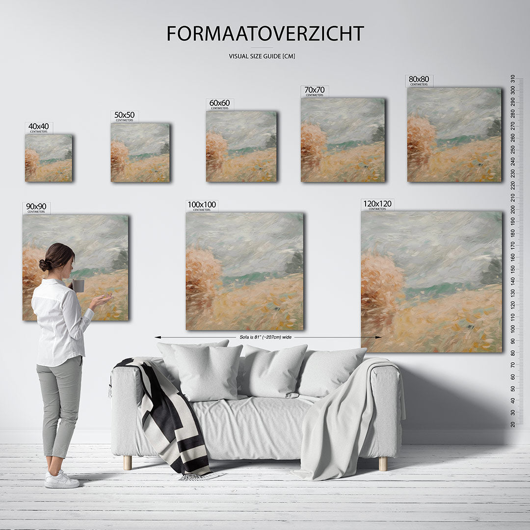 Dromerige landschapstinten kunstwerk – sfeerbeeld – dit werk toont zachte penseelstreken in beige en grijs, met subtiele
