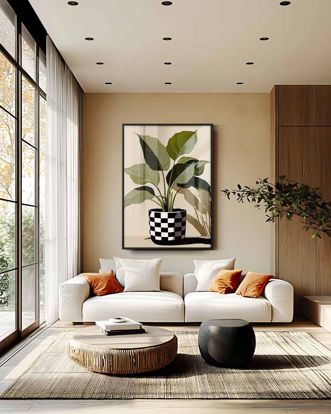 Checkered Plant Pot Art – kunstwerk met zwarte baklijst