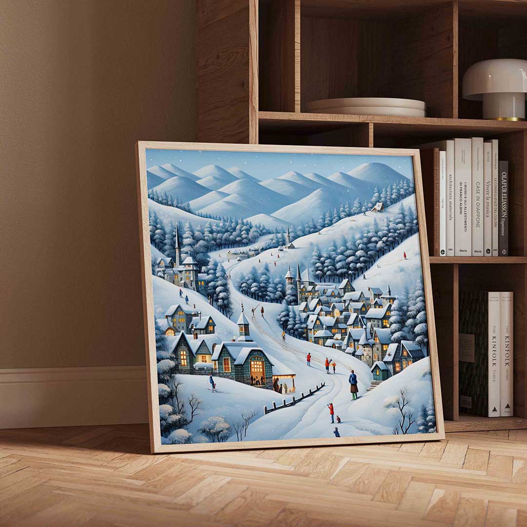 Winterdorp in bergen – vierkante kerst wanddecoratie van WallArtistic
