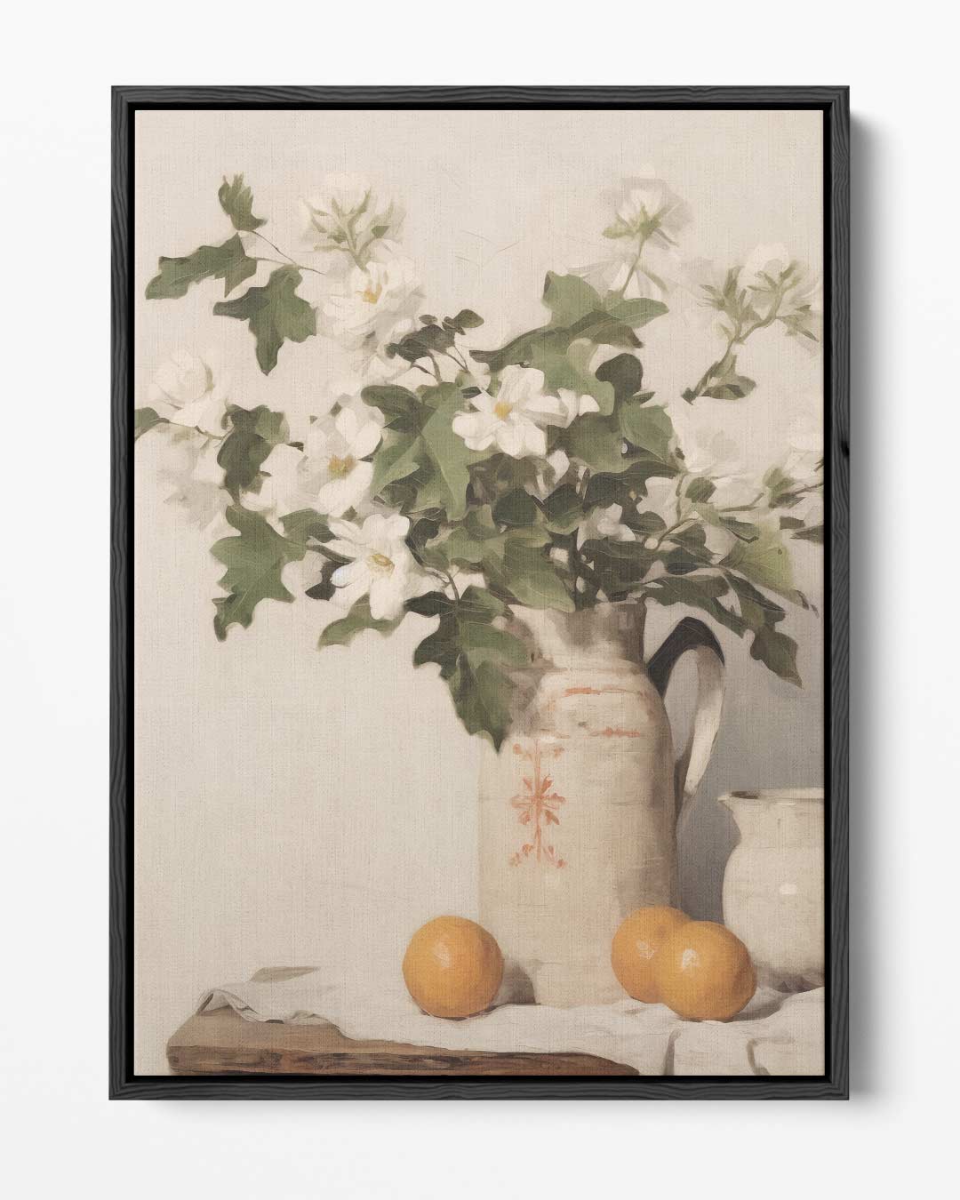 Bloemen en Sinaasappels in Aardewerken Kan – portret kunstwerk als wanddecoratie