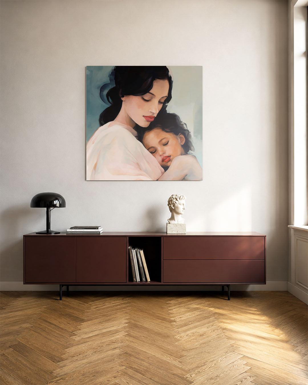 Intieme omhelzing kunstwerk – tweede productweergave – dit kunstwerk toont een serene moeder die haar kind liefdevol omarmt.
