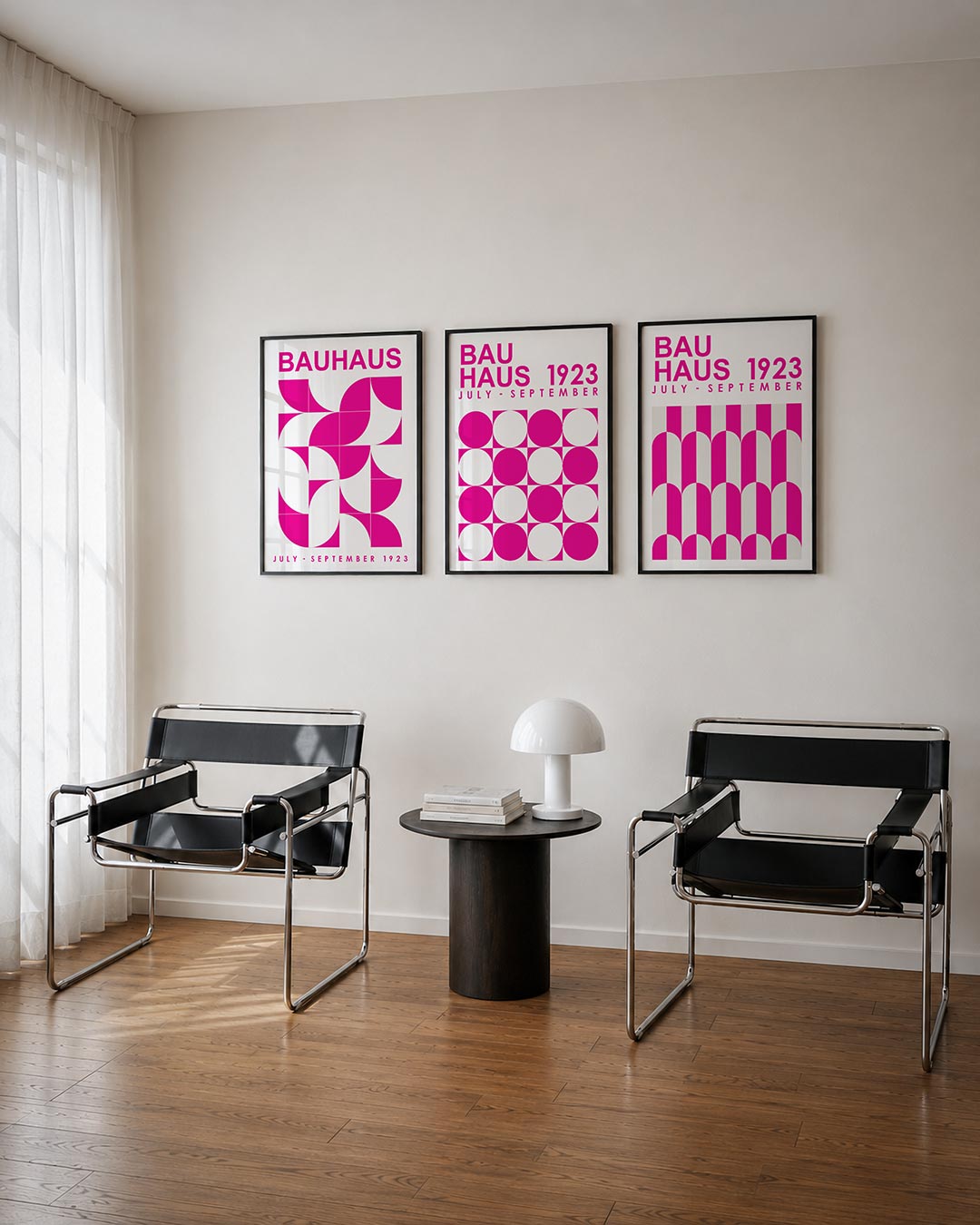 Vorm en kleur posterset – tweede productweergave – deze posterset in drie delen toont een speelse combinatie van roze en