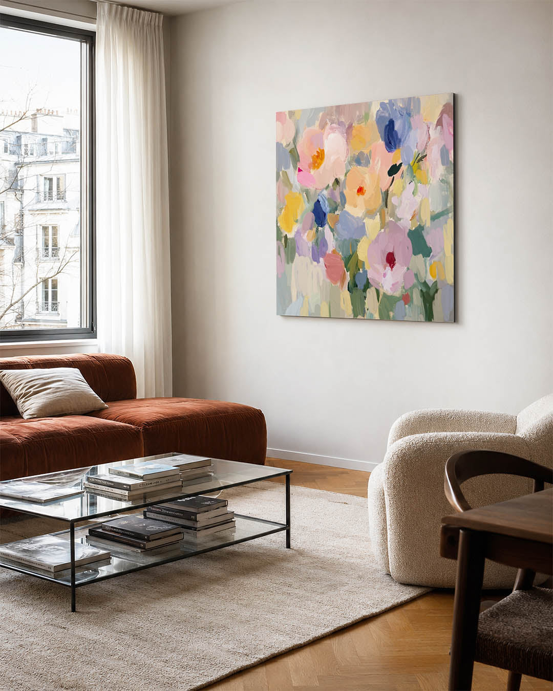 Kleurrijke bloemenvormen kunstwerk – vierkante wanddecoratie – dit werk toont een levendige compositie van vloeiende