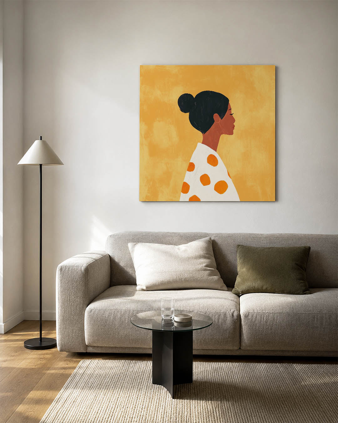 Vrouwelijk silhouet kunstwerk – detailweergave – dit werk toont een vrouwelijk silhouet tegen een warme achtergrond. De