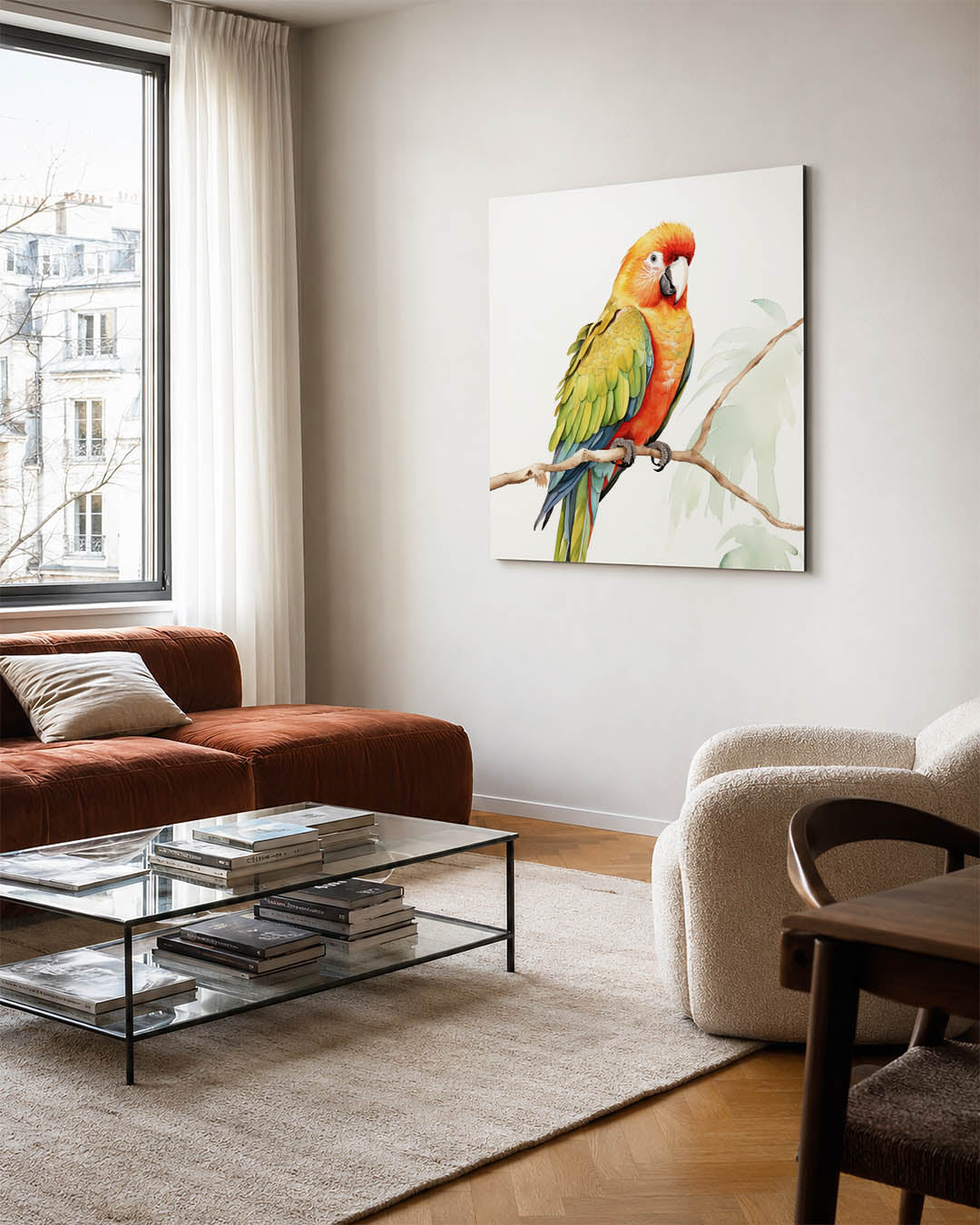 Vrolijke papegaai kunstwerk – vierkante wanddecoratie – dit kunstwerk toont een kleurrijke papegaai met levendige veren in