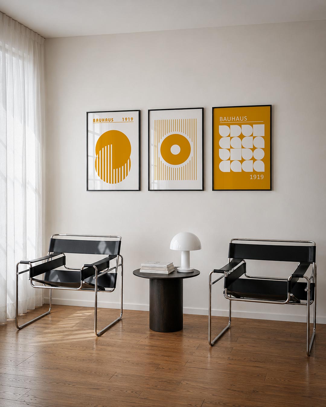 Cirkel en strepen posterset – derde productweergave – deze posterset in drie delen toont een grote oranje cirkel met