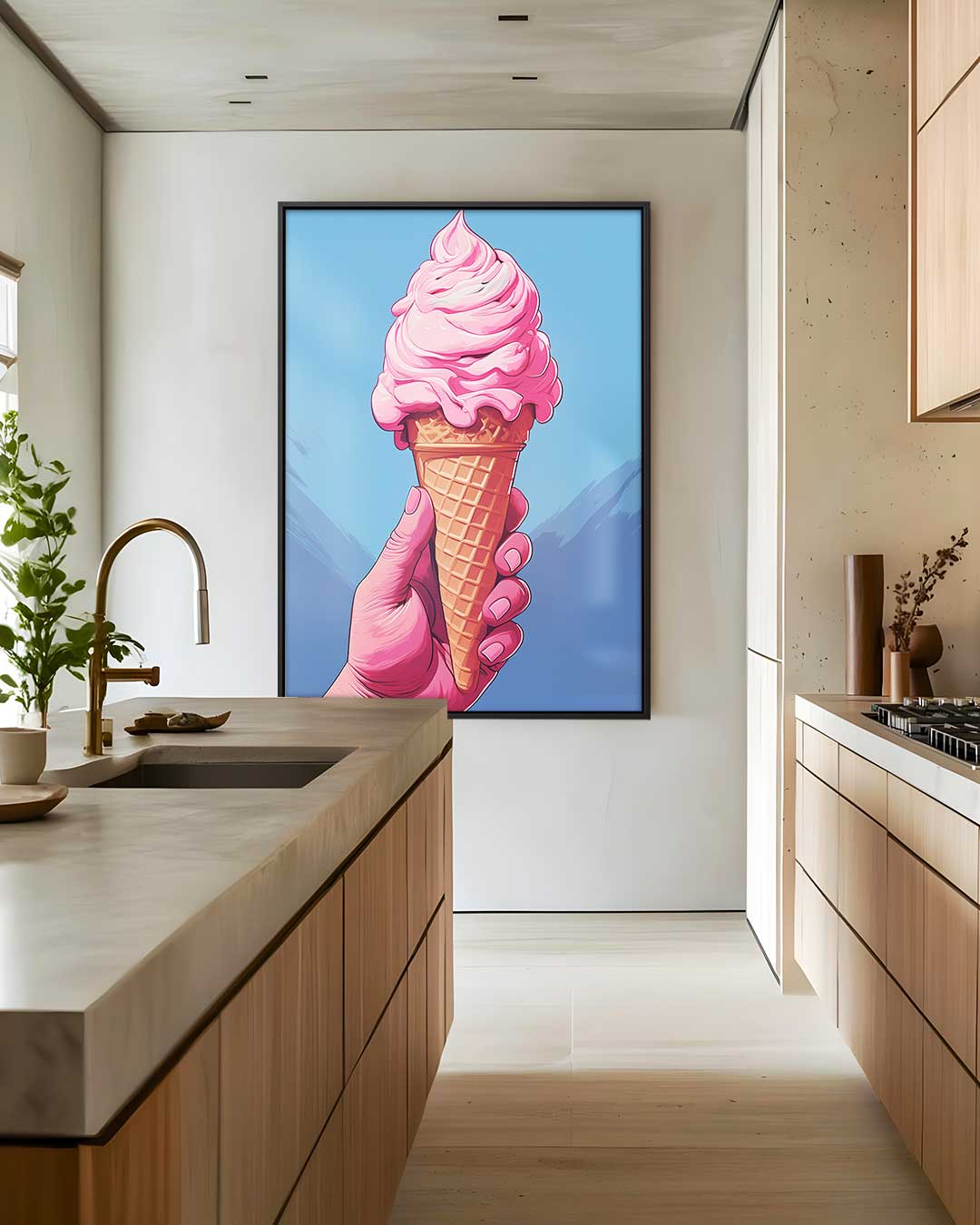 Roze IJshoorntje in de Zon – staand kunstwerk voor modern interieur