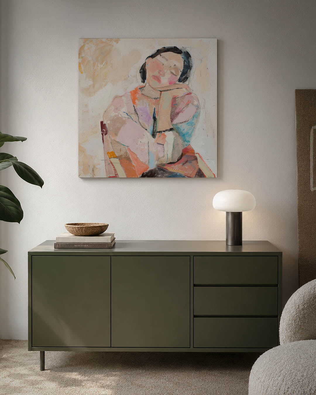 Dromerige portretstudie kunstwerk – detailweergave – dit kunstwerk toont een serene figuur met zachte lijnen en een mix van
