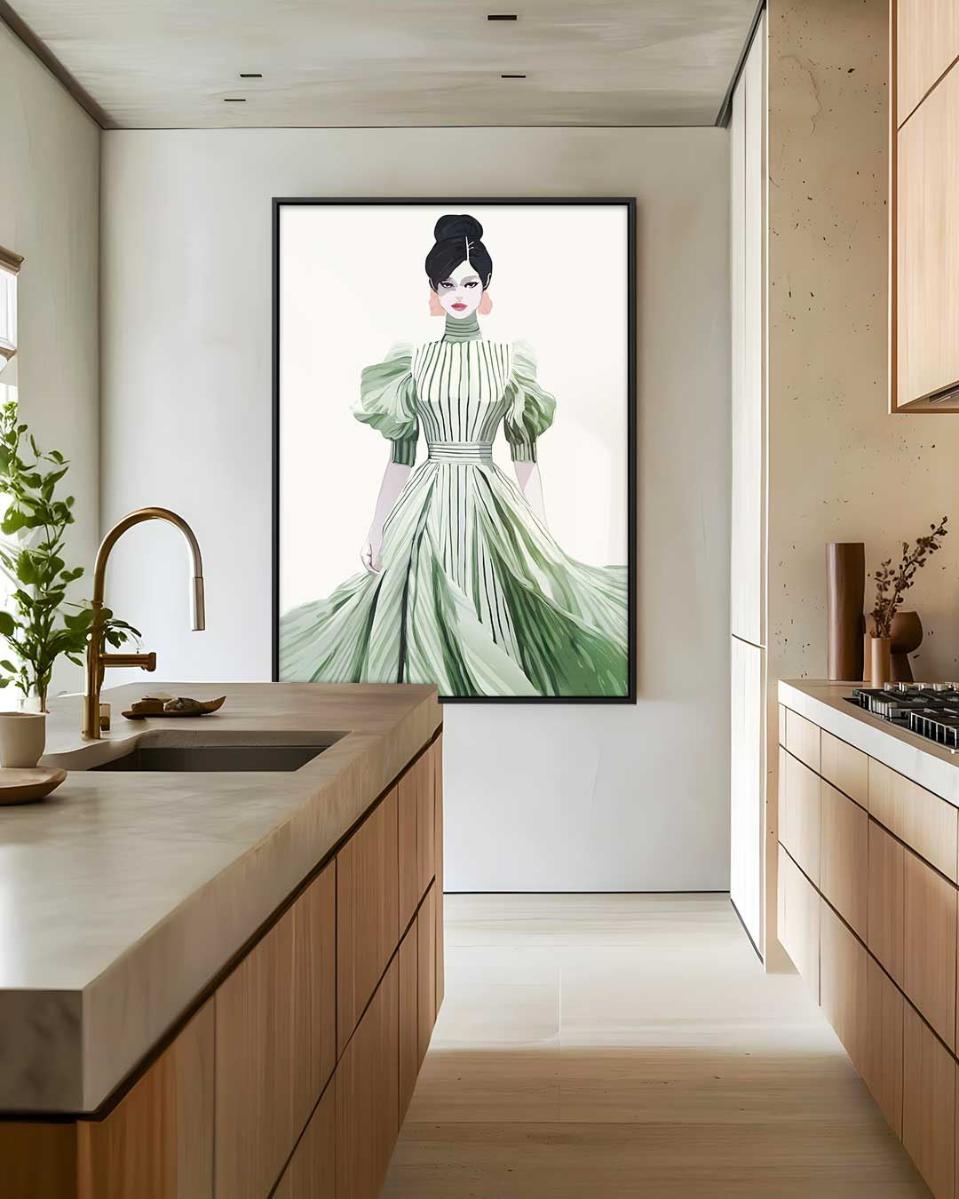Elegante Mode Illustratie van Vrouw in Groene Jurk – dibond wanddecoratie in staand formaat