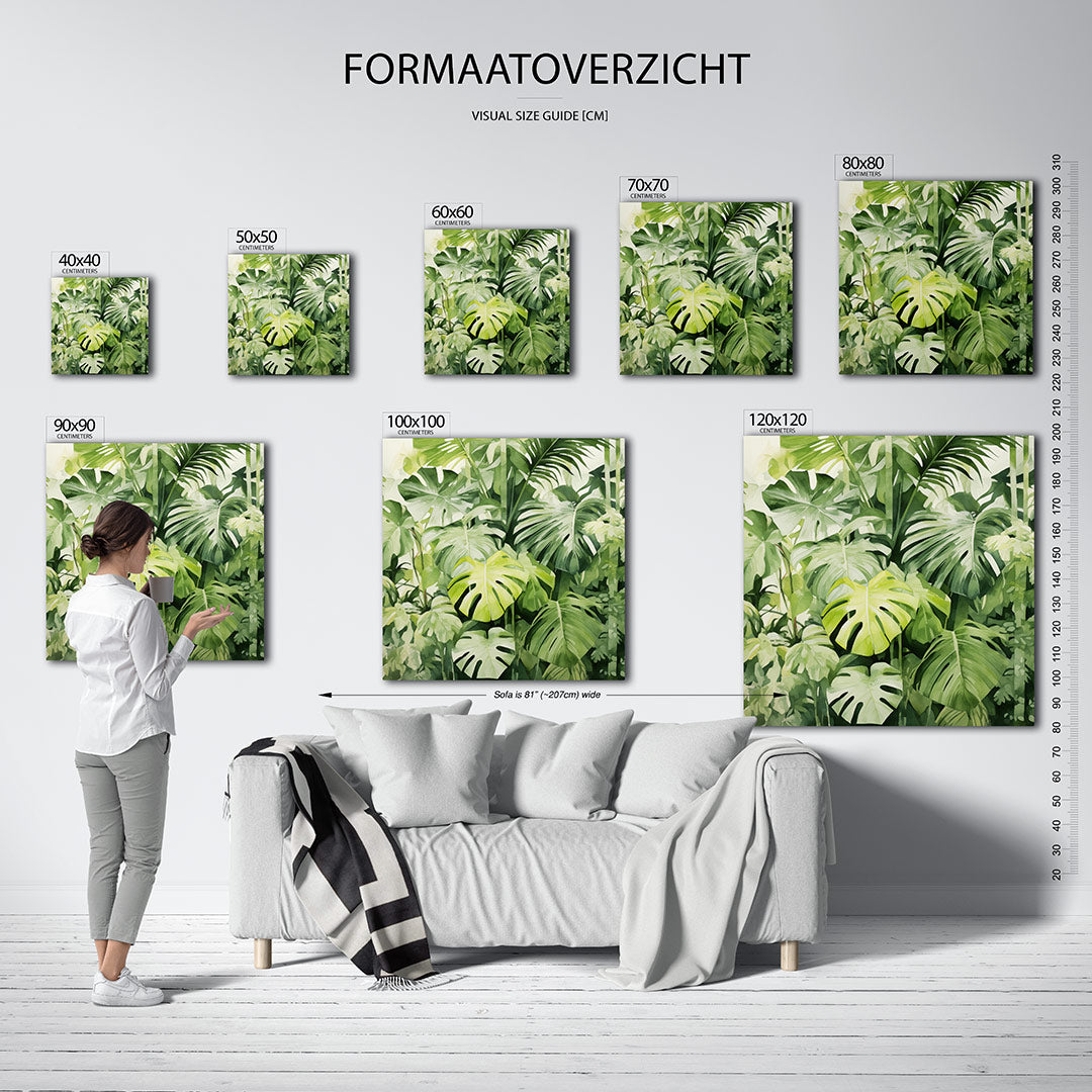 Groene bladeren compositie kunstwerk – dit werk toont een verzameling van grote, groene bladeren die elkaar overlappen en een