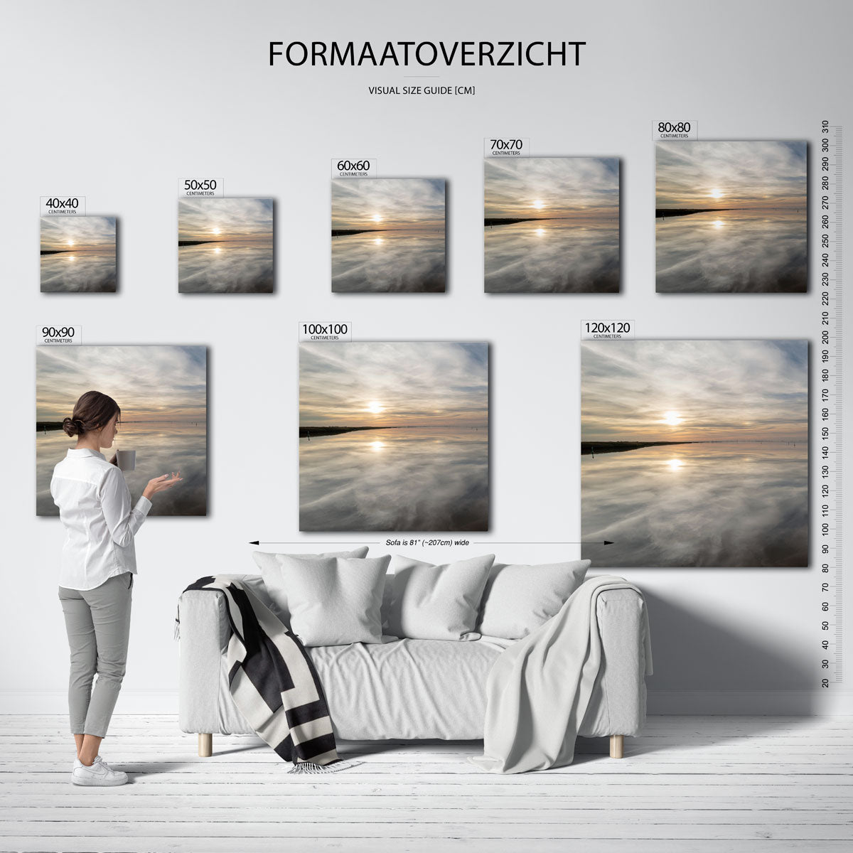 Rustige zonsondergang kunstwerk – materiaalweergave – deze kunstwerk toont een zonsondergang boven een spiegelglad meer, met