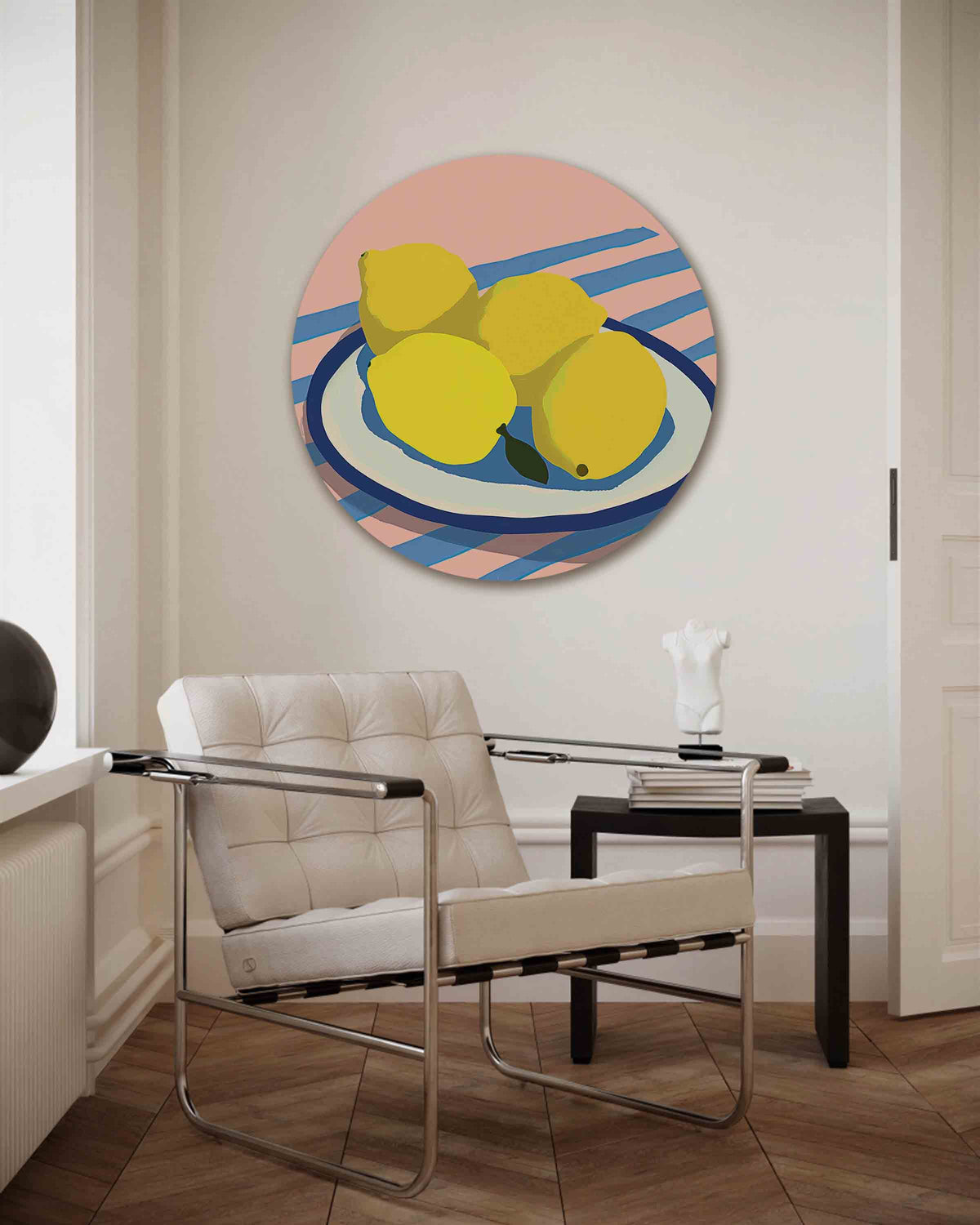 Citroenen op schaal – kleurrijke muurcirkel als ronde wanddecoratie
