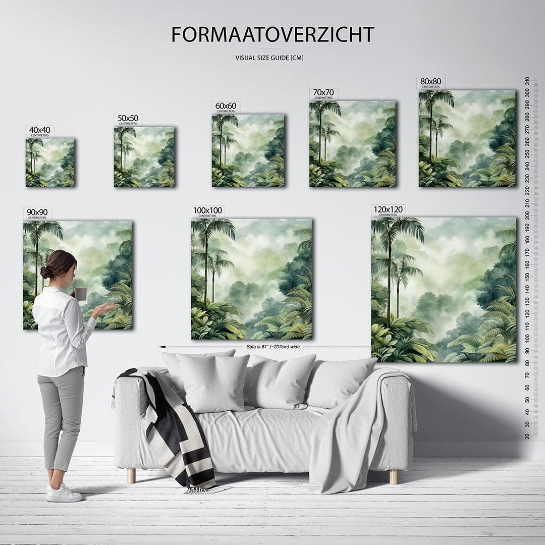 Tropisch boslandschap kunstwerk – dit werk toont een weelderig bos met hoge palmbomen en dichte bladeren, gehuld in een