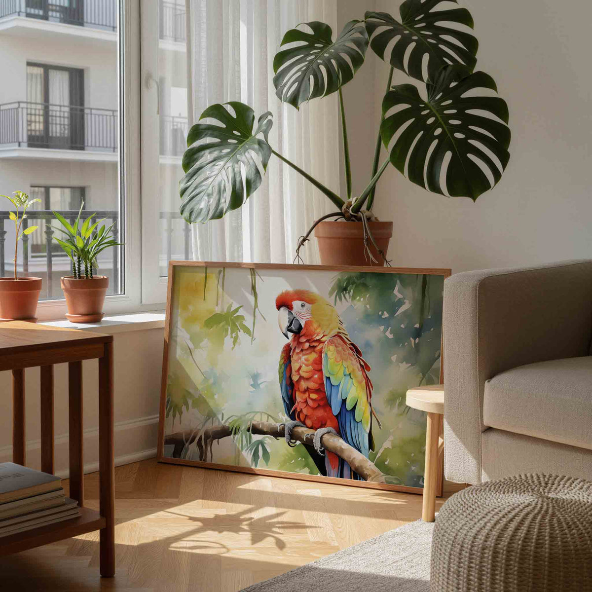 Papegaai op tak – tropische wandkunst als landscape poster