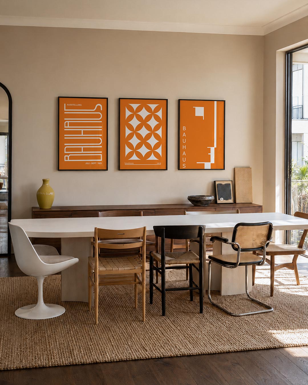 Lijnen en kleurvlakken posterset – tweede productweergave – deze posterset in drie delen toont een levendige oranje