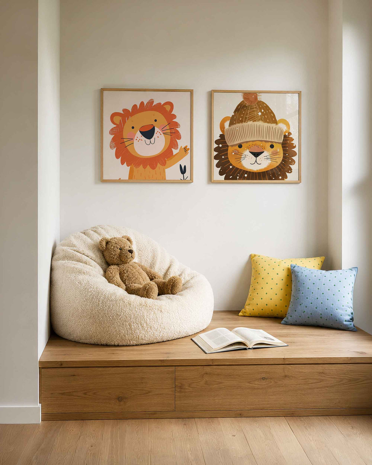Interieurpresentatie van een tweedelige vierkante posterset met leeuw en tijger