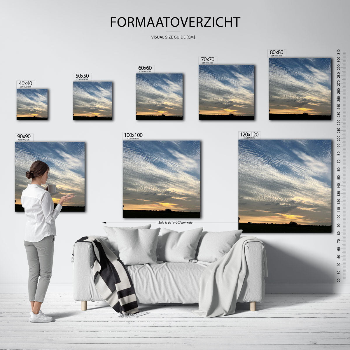 Luchtlandschap bij zonsondergang poster – sfeerbeeld – deze poster toont een uitgestrekt wolkendek bij zonsondergang, met een