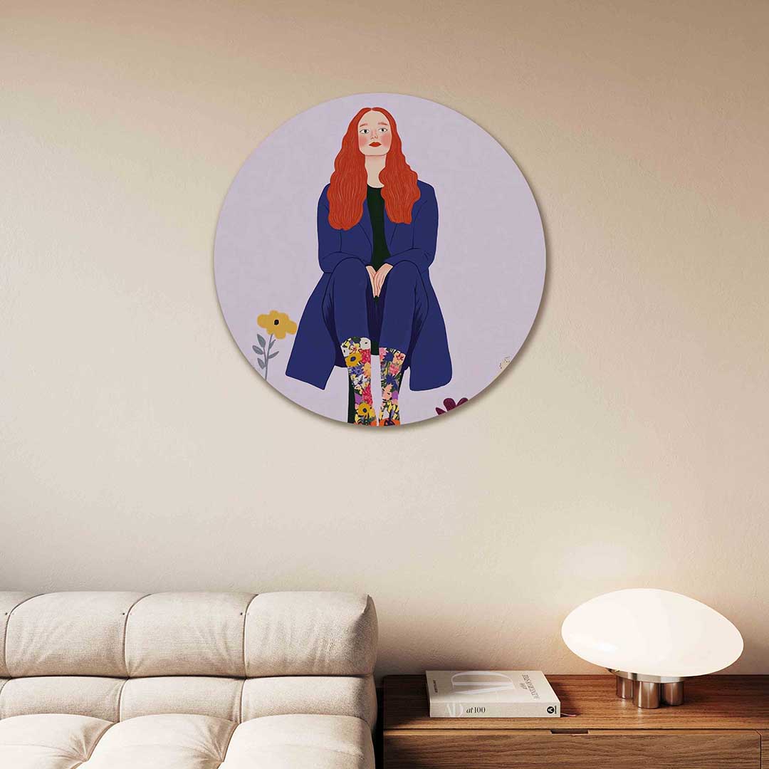 Vrouw met bloemen – moderne abstracte muurcirkel voor aan de muur