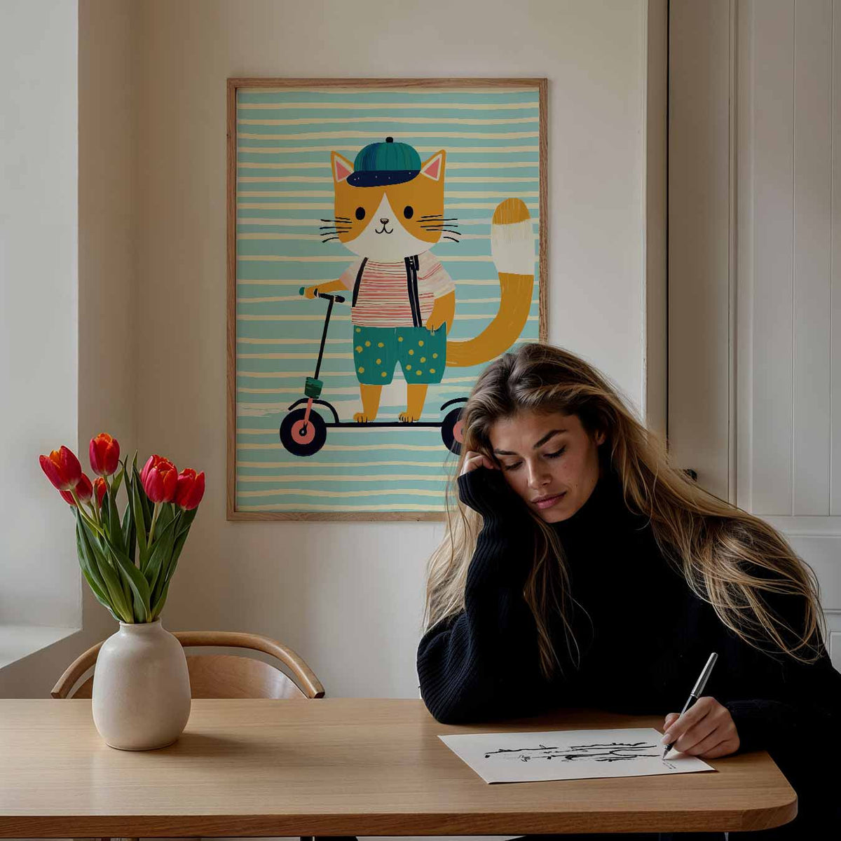 Speelse Kat op Step – staande muurposter voor de kinderkamer