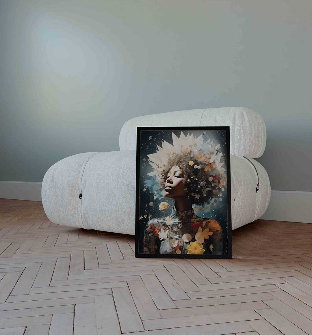 Vrouw met bloemen en sterren – surrealistische wandkunst als portret poster