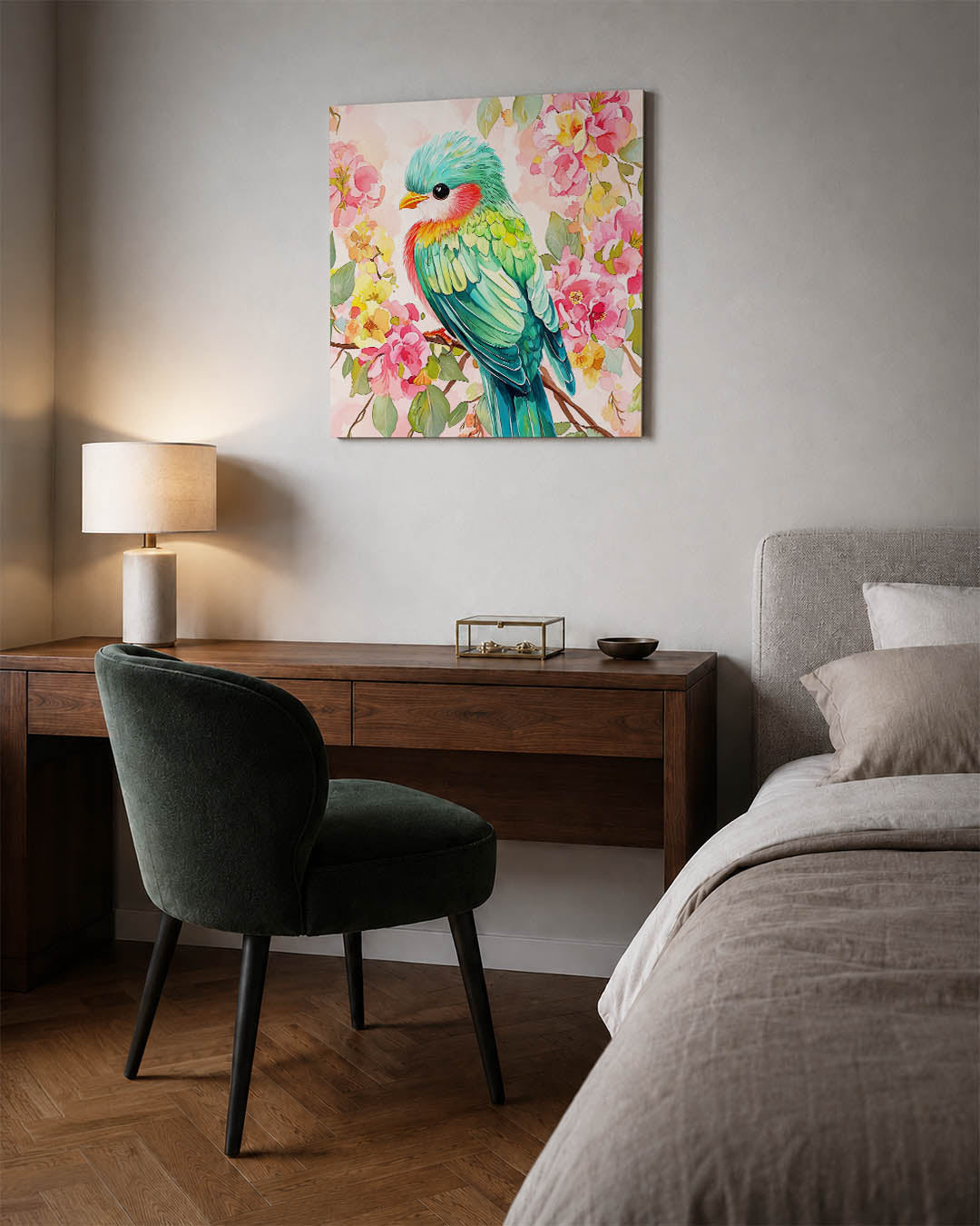 Vrolijke vogel en bloemen kunstwerk – materiaalweergave – dit werk toont een kleurrijke vogel omringd door levendige bloemen.