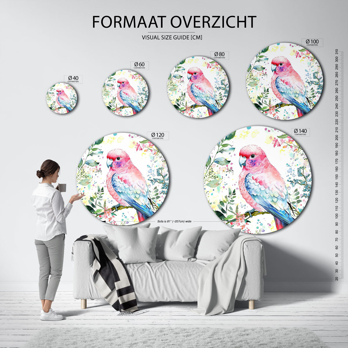 Papegaai en bloemen – ronde muurcirkel met kleurrijke illustratie