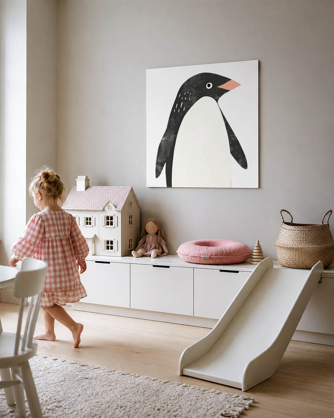 Grafische pinguïn kunstwerk – tweede productweergave – dit kunstwerk toont een pinguïn met eenvoudige vormen en een