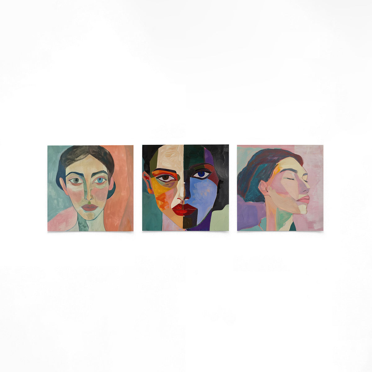Drie vierkante posters met abstracte portretten op een gebroken witte achtergrond