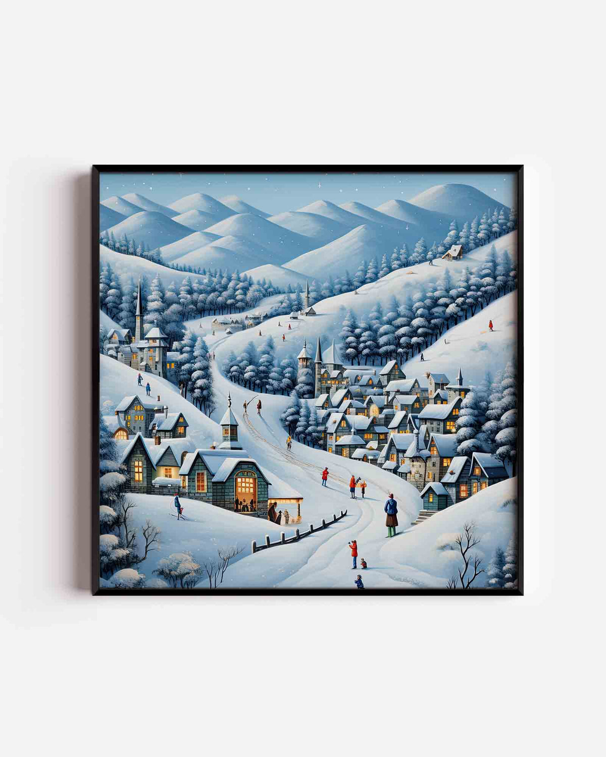 Winterdorp in bergen – kerst vierkante poster als wanddecoratie