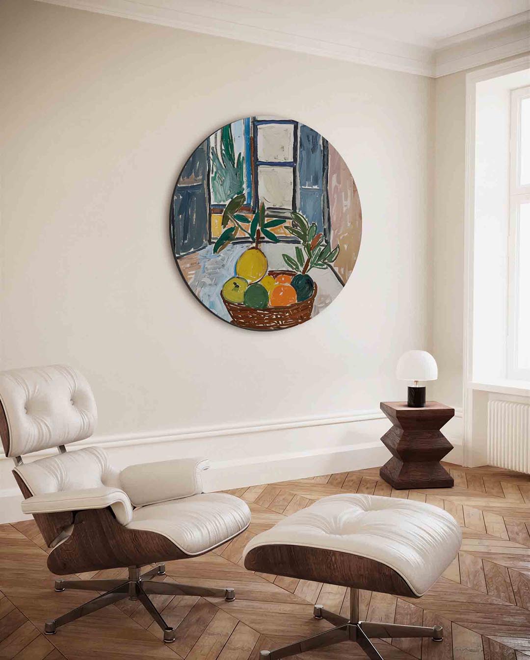 Fruitmand en raam – moderne ronde wanddecoratie van WallArtistic