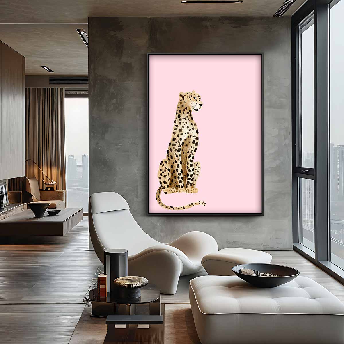 Elegante Luipaard op Roze Achtergrond – dibond wanddecoratie in staand formaat