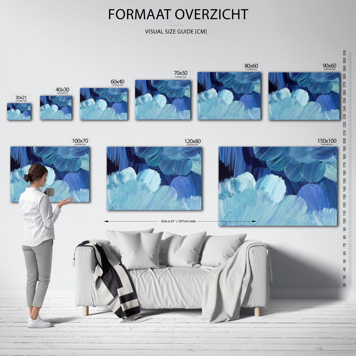 Blauwe penseelstreken – liggende muurposter met artistieke uitstraling
