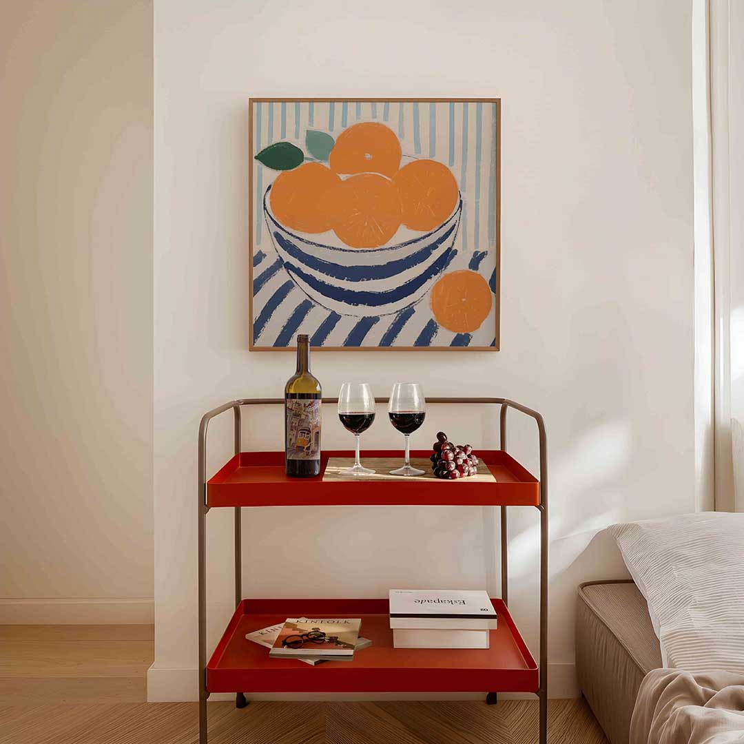 Mand met sinaasappels – vierkante keuken wanddecoratie van WallArtistic