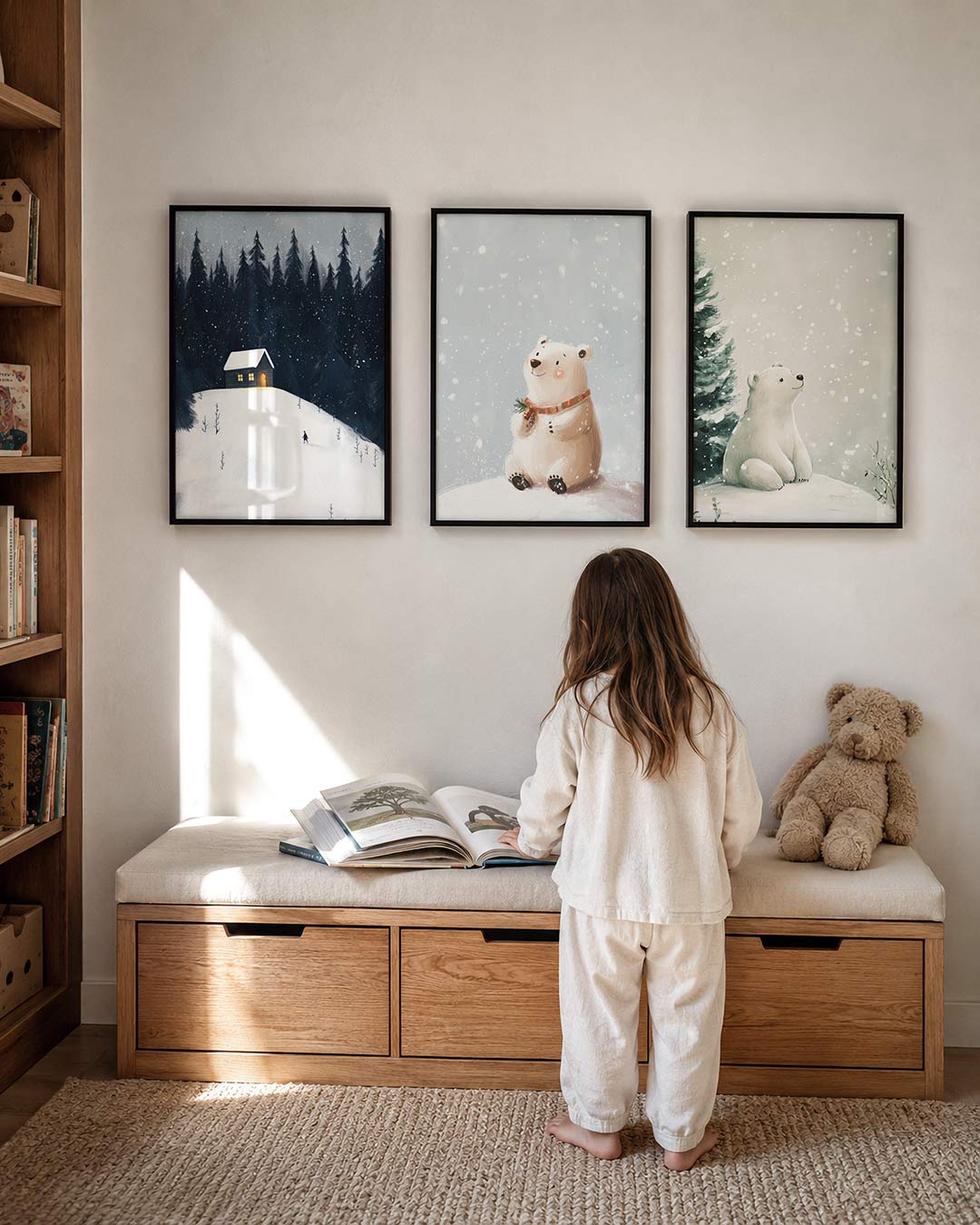 Winterse rust posterset – derde productweergave – een eenzaam huisje in een besneeuwd bos