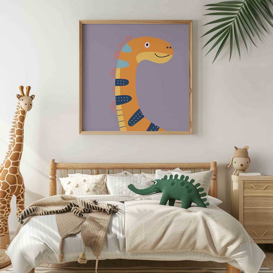 Oranje dinosaurus – vierkante kinderkamer wanddecoratie van WallArtistic