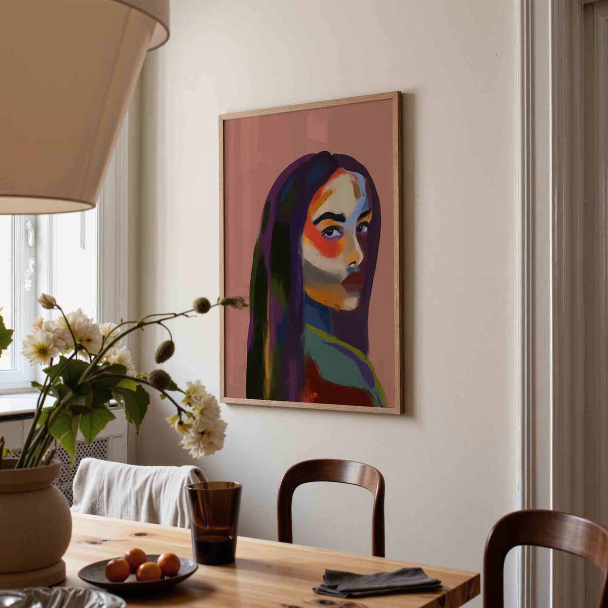 Portret met kleurrijke accenten – eigentijdse illustratie poster in staand formaat