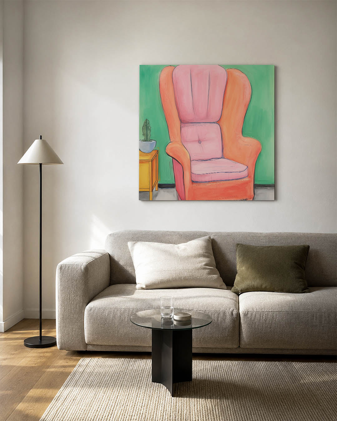 Kleurrijke interieur scène kunstwerk – vierkante wanddecoratie – dit kunstwerk toont een levendige stoel in roze en orange