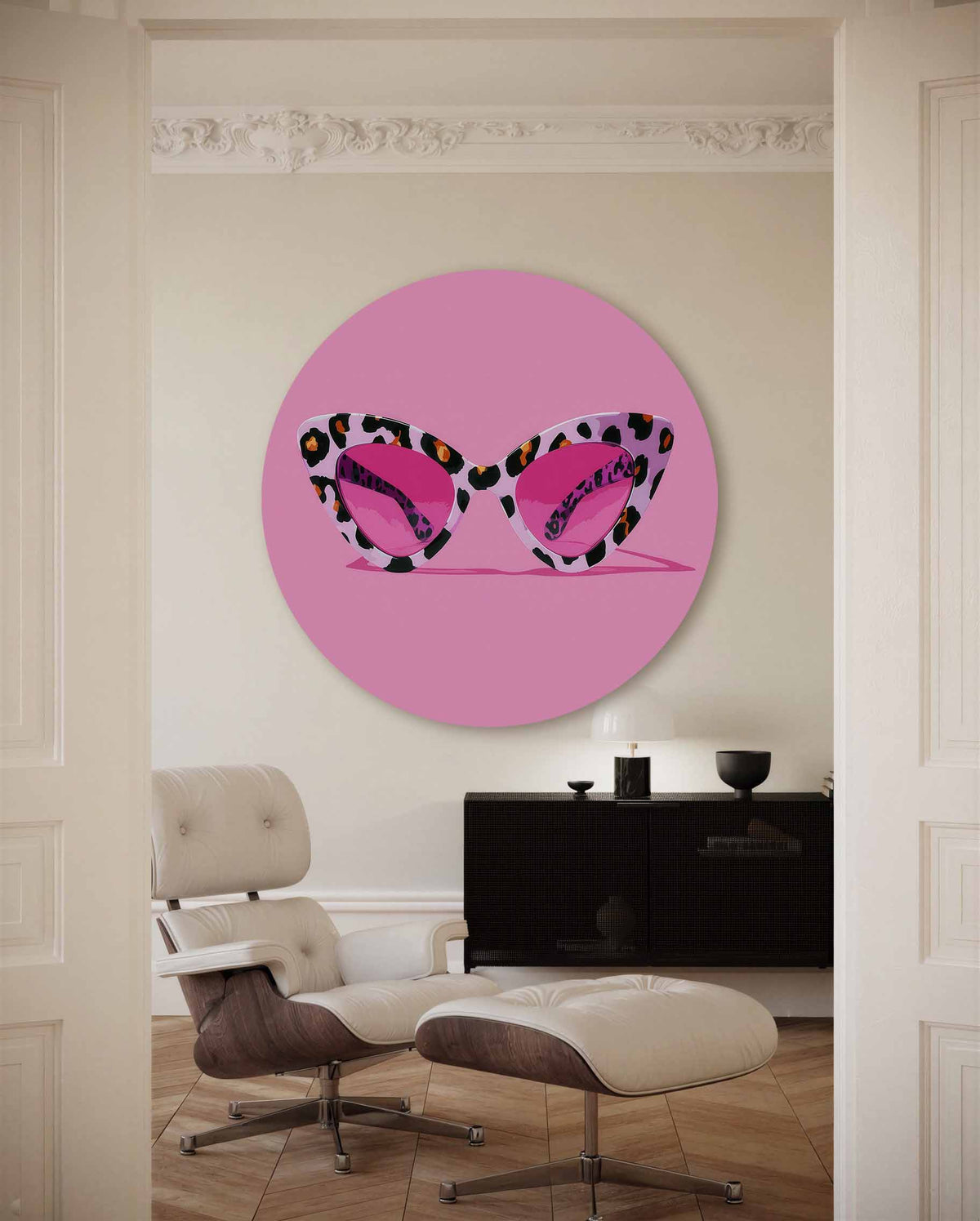 Zonnebril met luipaardprint – kleurrijke Pop Art muurcirkel voor aan de muur