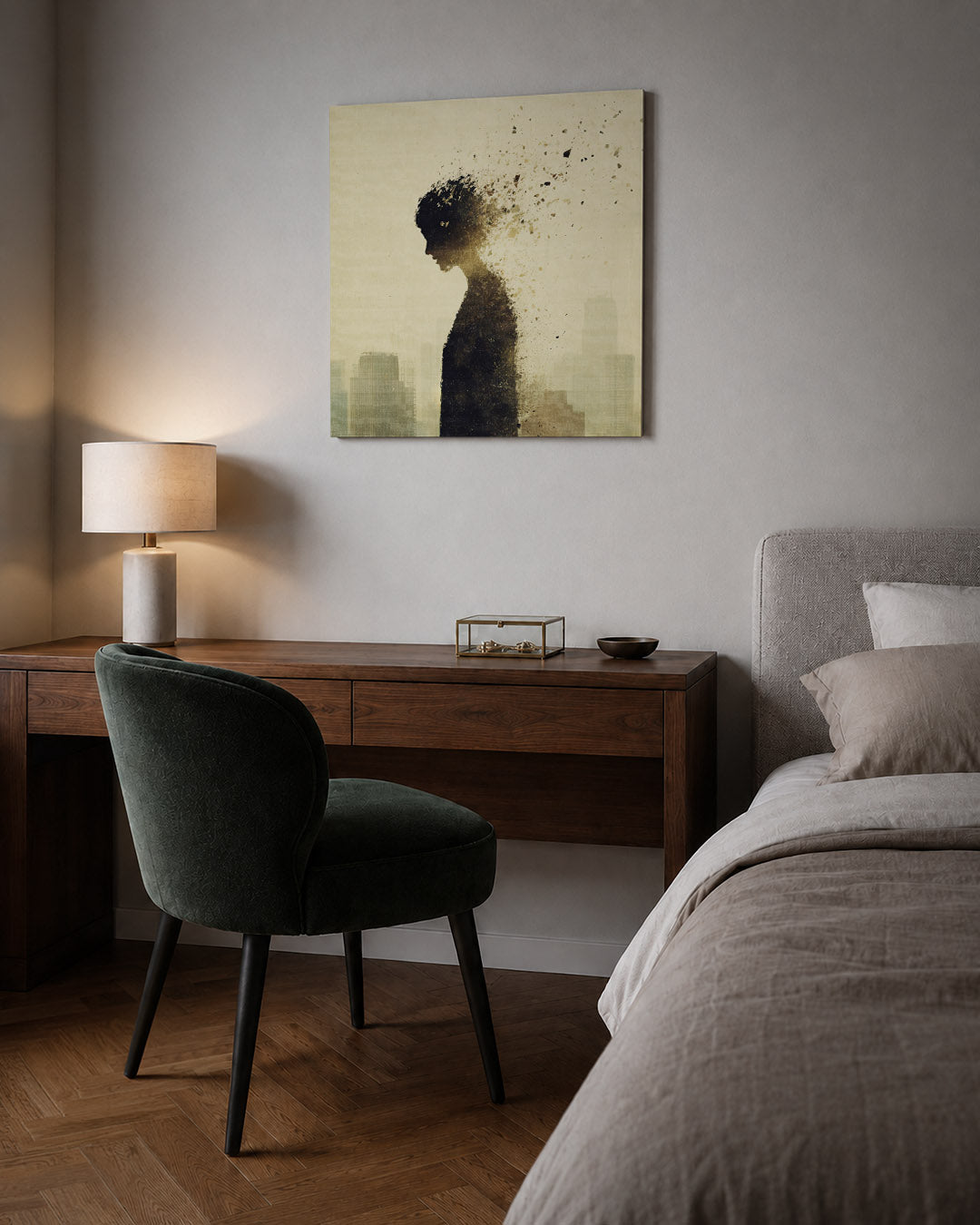 Vervagende silhouet kunstwerk – sfeerbeeld – dit werk toont een silhouet dat geleidelijk vervaagt in de achtergrond, met een