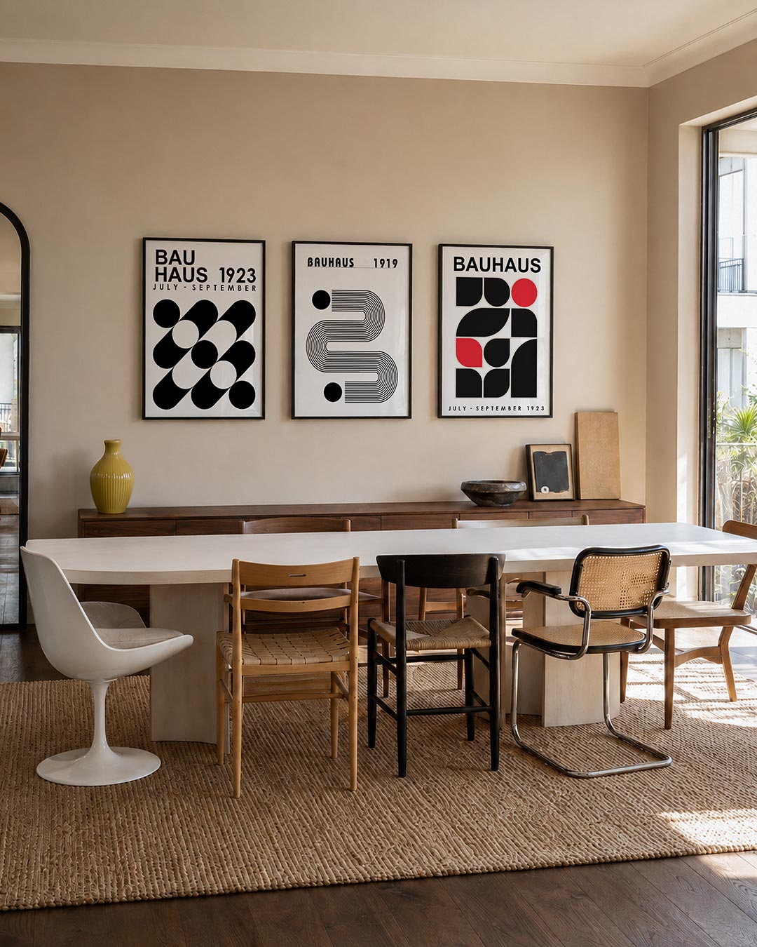 Vormen en vlakken posterset – tweede productweergave – zwart-witte compositie met diagonale lijnen en cirkels. De balans