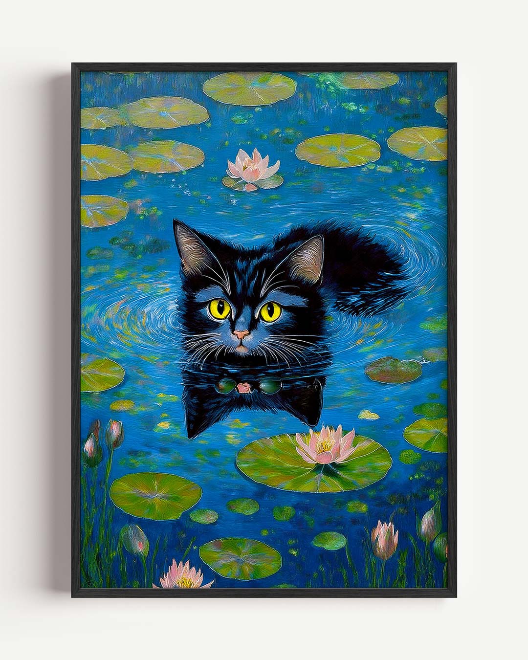 Zwemmende Kat in Waterlelies – dieren portret poster als wanddecoratie